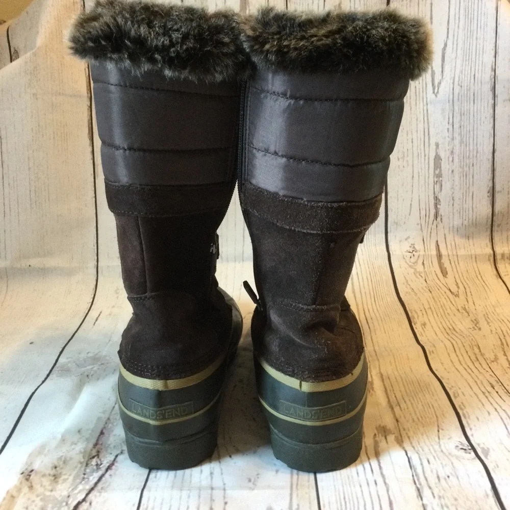 Lands End Women's Warm Brown Fabric & Suede Fur-Lined Winter Boots Zip Size 8.5